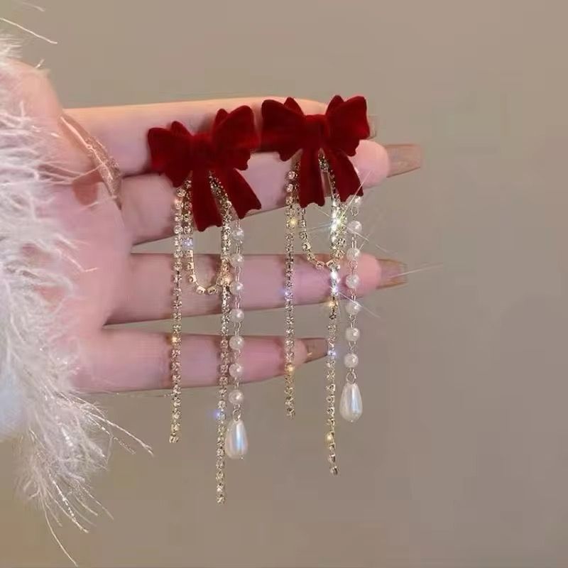 Western French Wintage Wine Red Bowknot Long Rhineston Pearl Tassel Earings For Women & Girls |Stylish & Elegant (Wine And White)